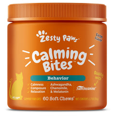 Zesty Paws Calming Chews para gatos, presentación de bocaditos calmantes.