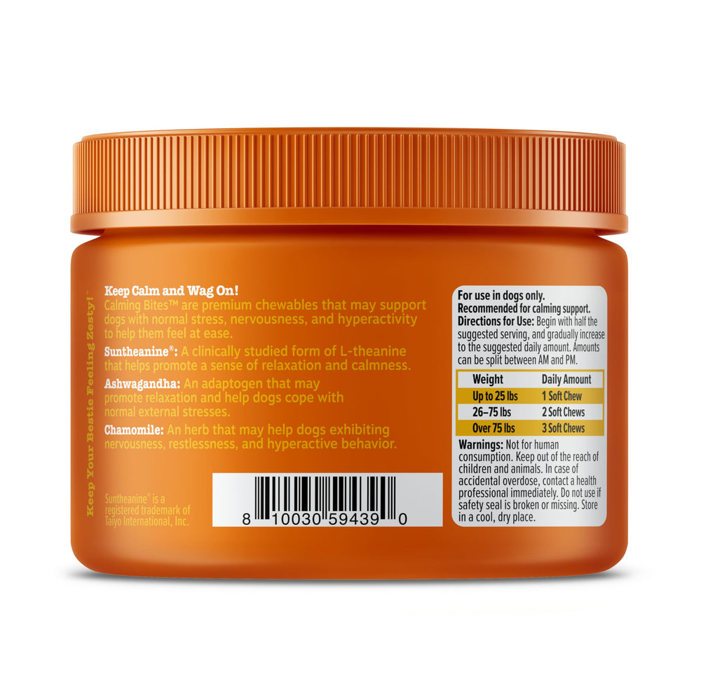 Zesty Paws Calming Chews jar with label ready for calming routines.