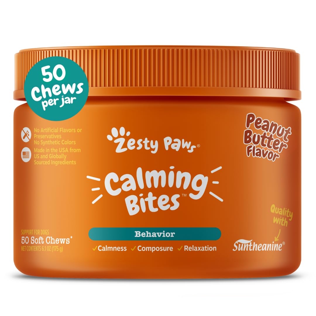 Zesty Paws Calming Chews peanut butter bottle promotes everyday calm for dogs.