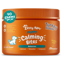 Zesty Paws Calming Chews bottle with turkey-flavored puppies' calming support.