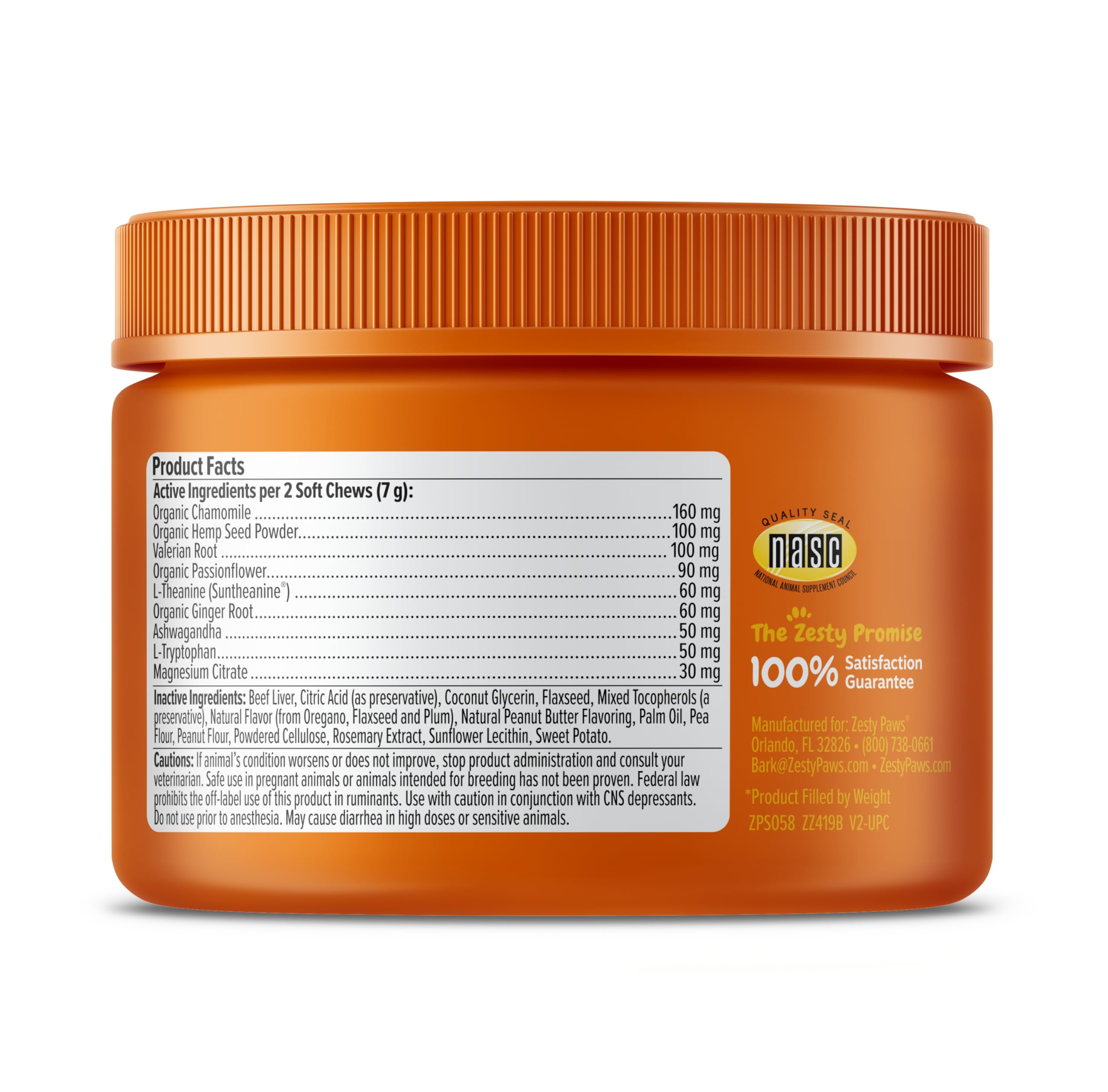 Zesty Paws Calming Chews with valerian and ginger showing natural calming blend.