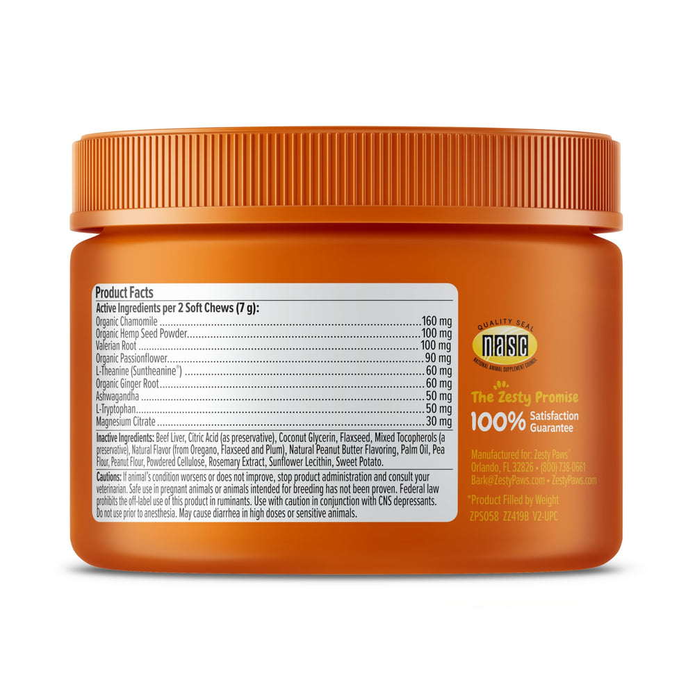 Zesty Paws Calming Chews with valerian and ginger showing natural calming blend.