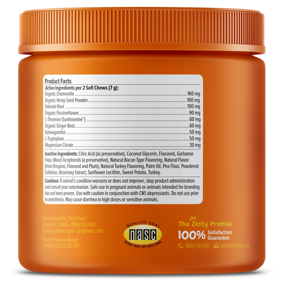 Zesty Paws Calming Chews ingredient blend close-up with valerian root