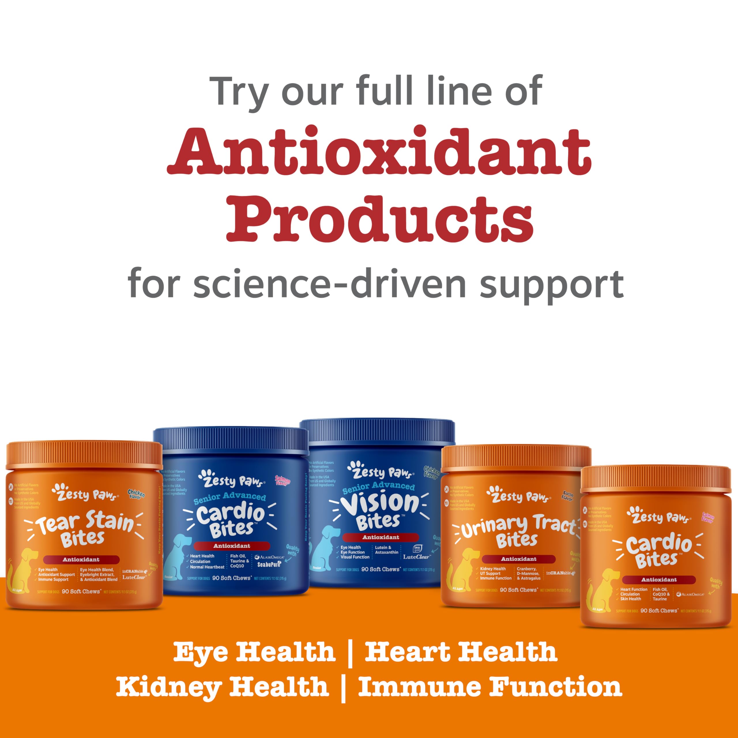 Zesty Paws Cardio Bites packaging back detailing cardiovascular support options