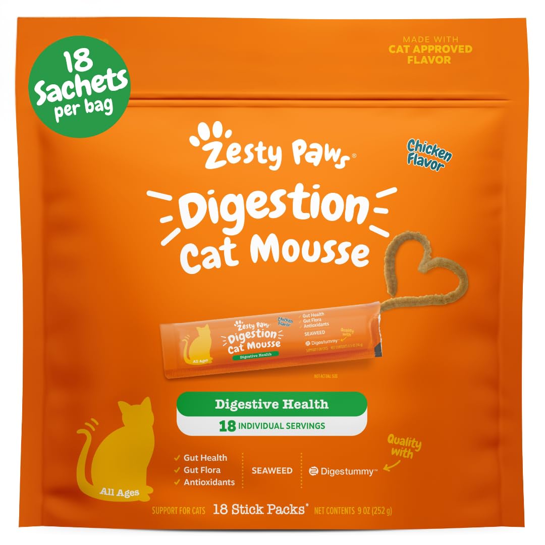 Zesty Paws Cat Mousse Squeezies packaging with tubes for easy dosing and on-the-go feeding