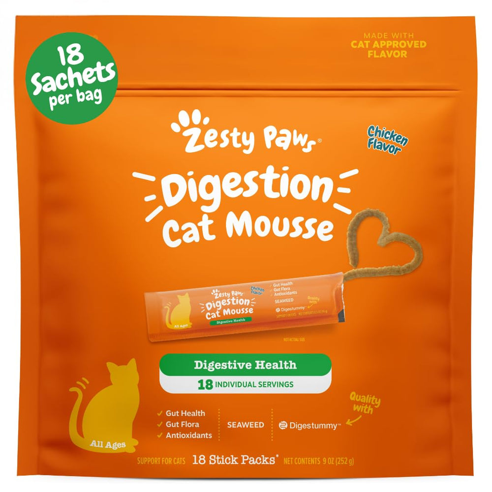 Zesty Paws Cat Mousse Squeezies packaging with tubes for easy dosing and on-the-go feeding