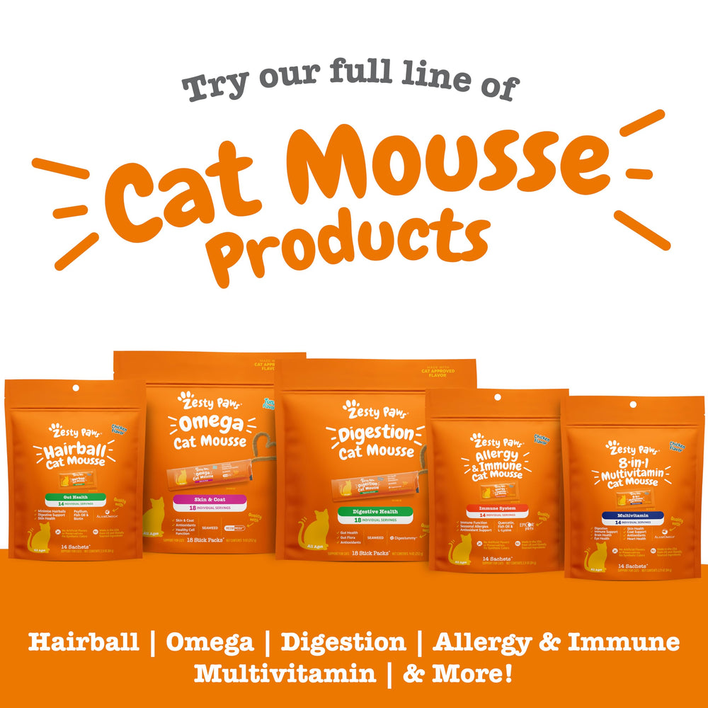 Zesty Paws Cat Mousse Squeezies treat reward highlighting digestion-supportive flavor and ingredients