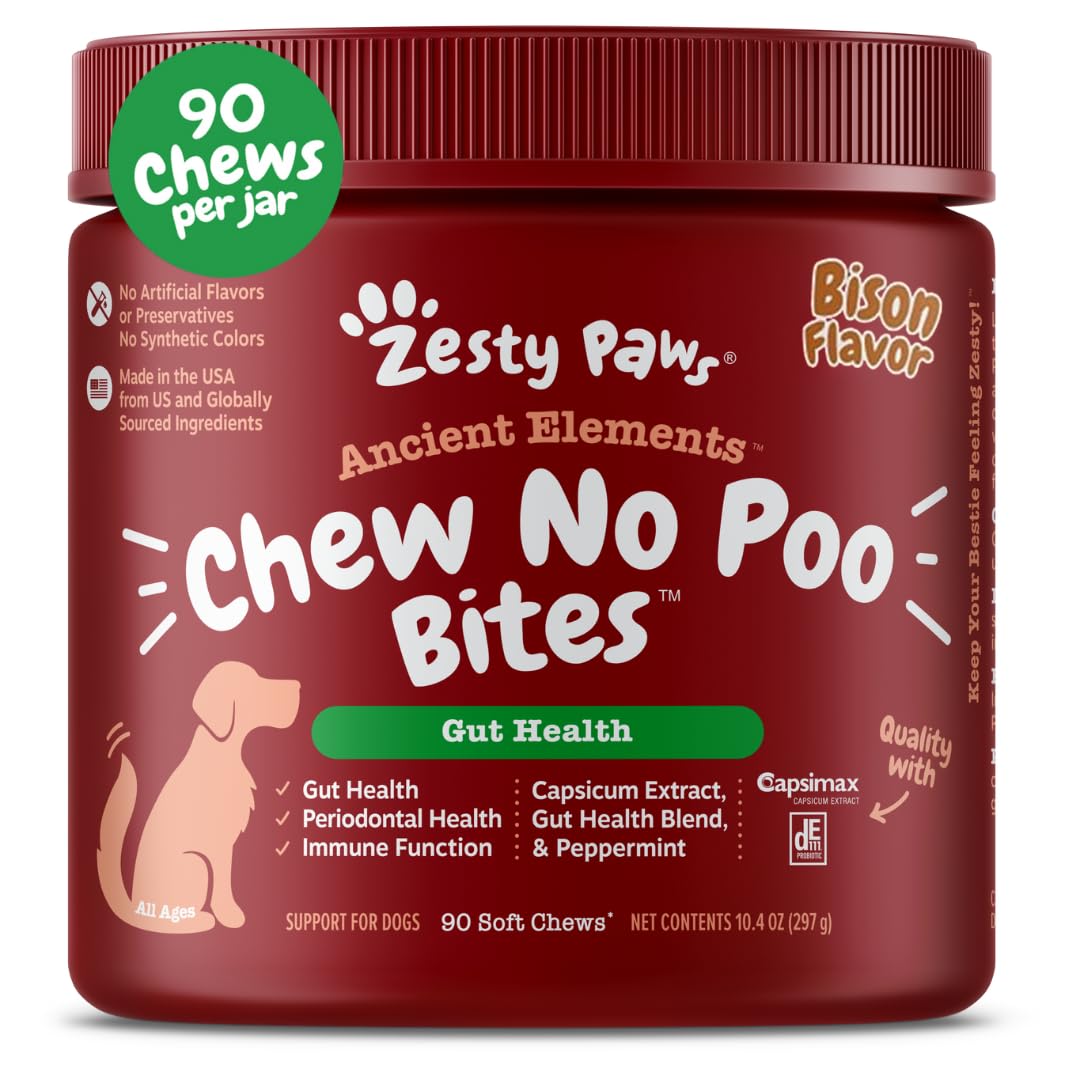 Zesty Paws Chew No Poo Bites bottle closeup highlighting probiotic gut support.