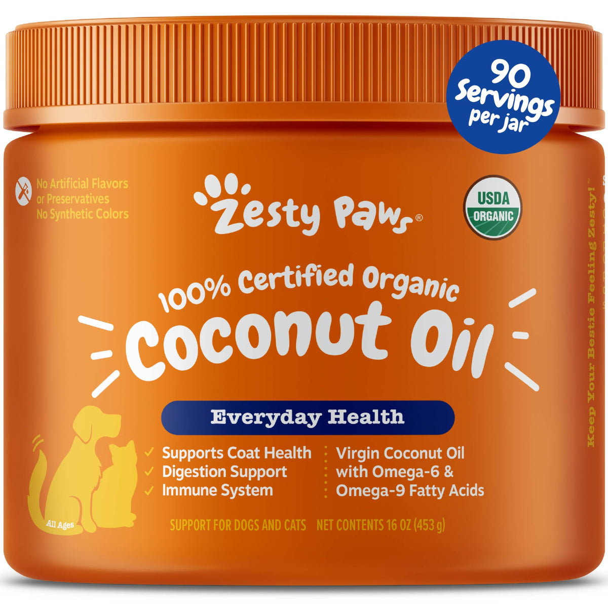 Zesty Paws Coconut Oil bottle shows organic virgin formula for daily dog care