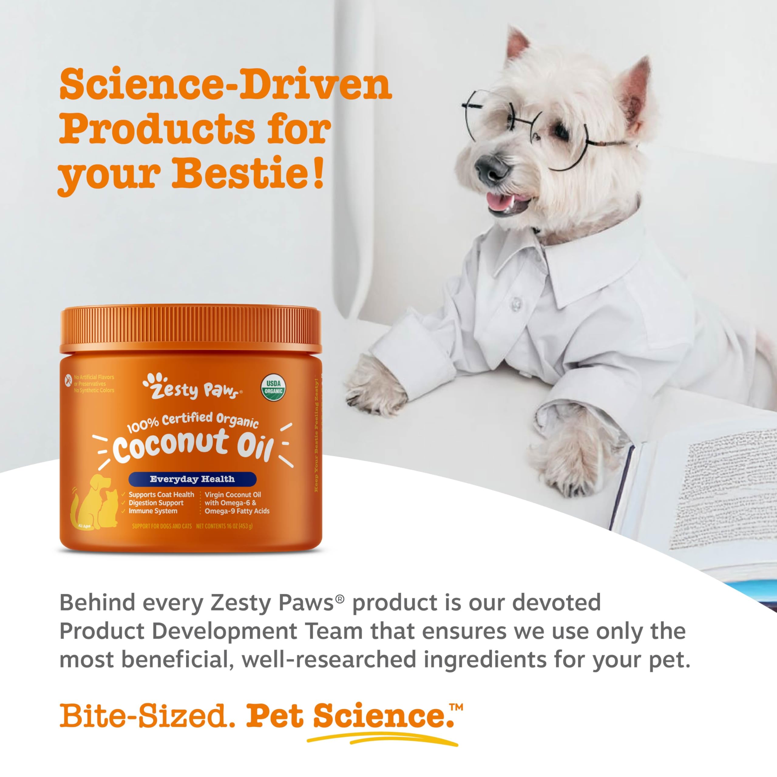 Zesty Paws Coconut Oil virgin superfood label signals quality ingredients