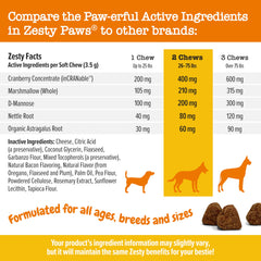 Zesty Paws Cranberry Supplement dog chew near bowl promotes healthy kidney function.