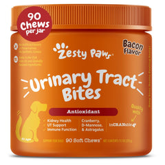 Zesty Paws Cranberry supplement for dogs bottle closeup shows urinary tract support in a chewable form.