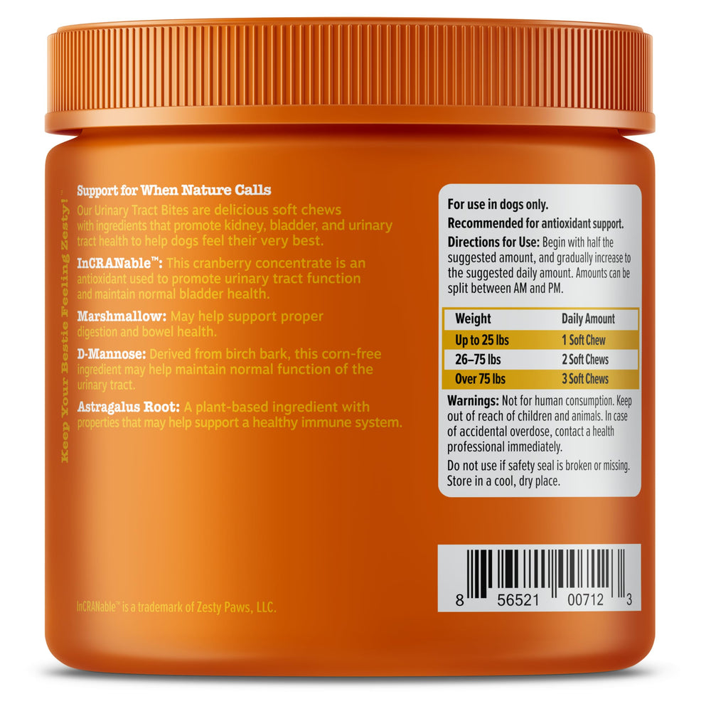 Zesty Paws Cranberry Supplement ingredients closeup contains astragalus and marshmallow for immune and digestion support.