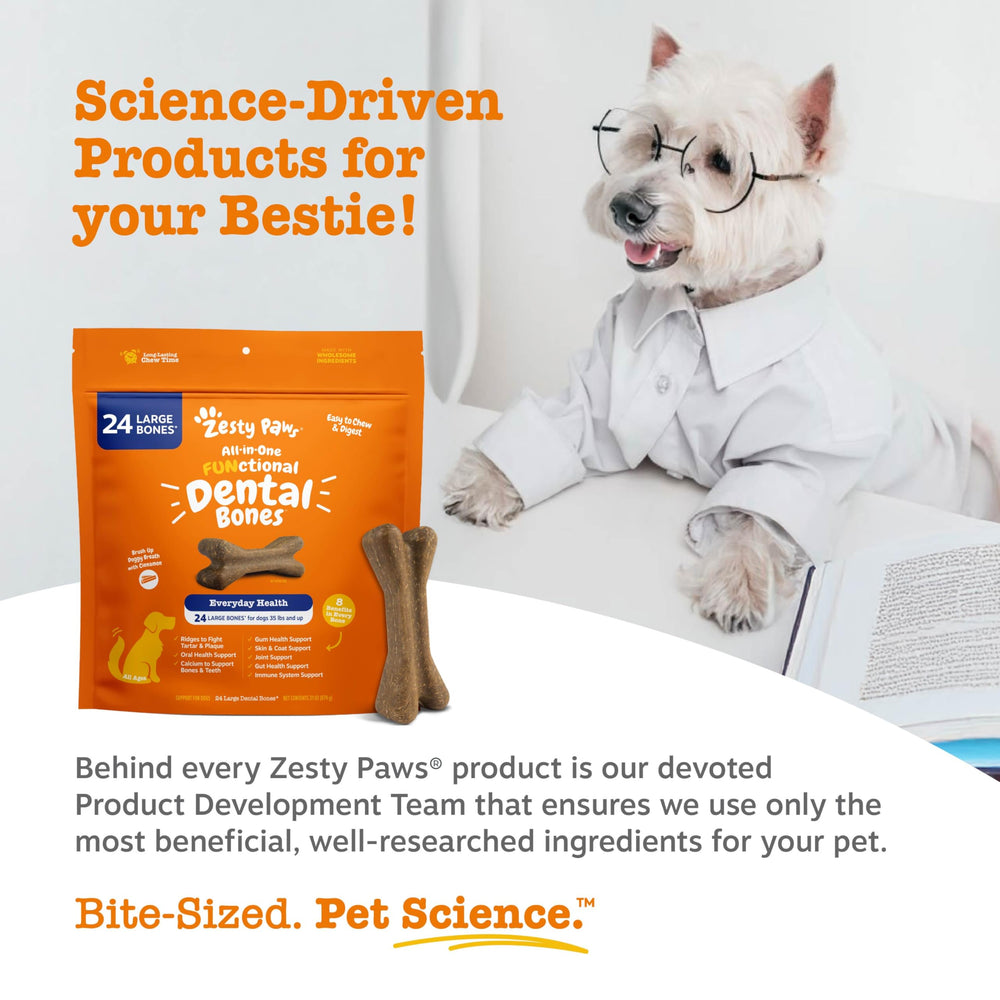 Zesty Paws Dental Bones calcium image underscores bone health and teeth strength.