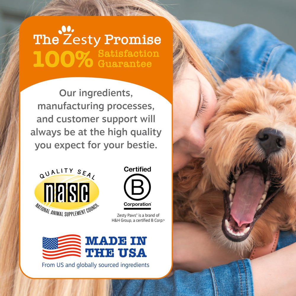 Zesty Paws Omega-3 and calcium benefits graphic emphasizes bone and joint support.