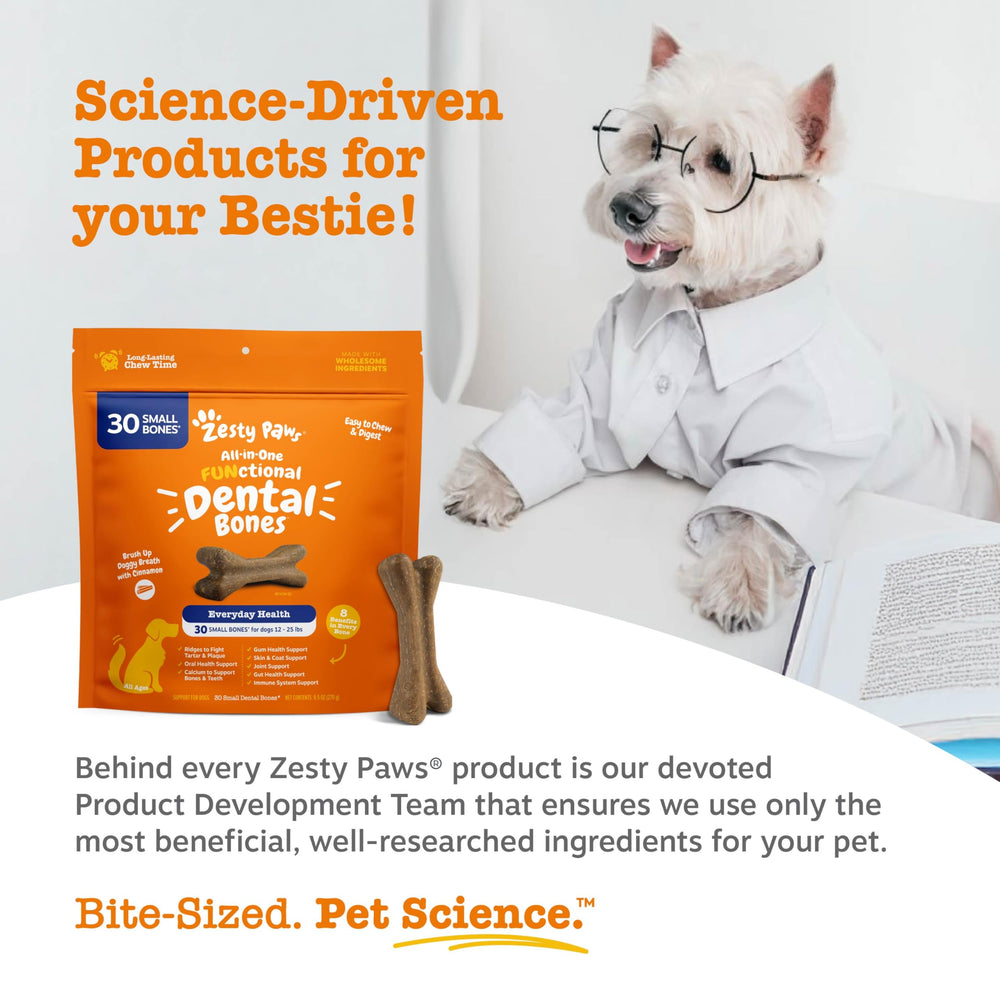 Zesty Paws Dental Bones box for small dogs, 28-count, shown with product focus.