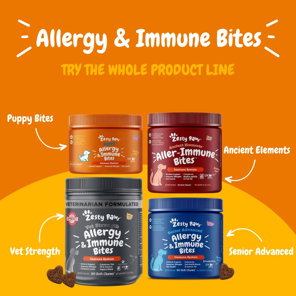 Zesty Paws Dog Allergy Relief ancient grains base in bowl conveys wholesome immune and gut support.