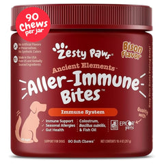 Zesty Paws Dog Allergy Relief bottle showing soft chews for seasonal itch support and gentle digestion.