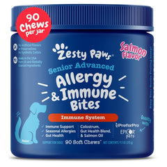 Zesty Paws dog allergy relief soft chews bottle highlights daily use for skin support
