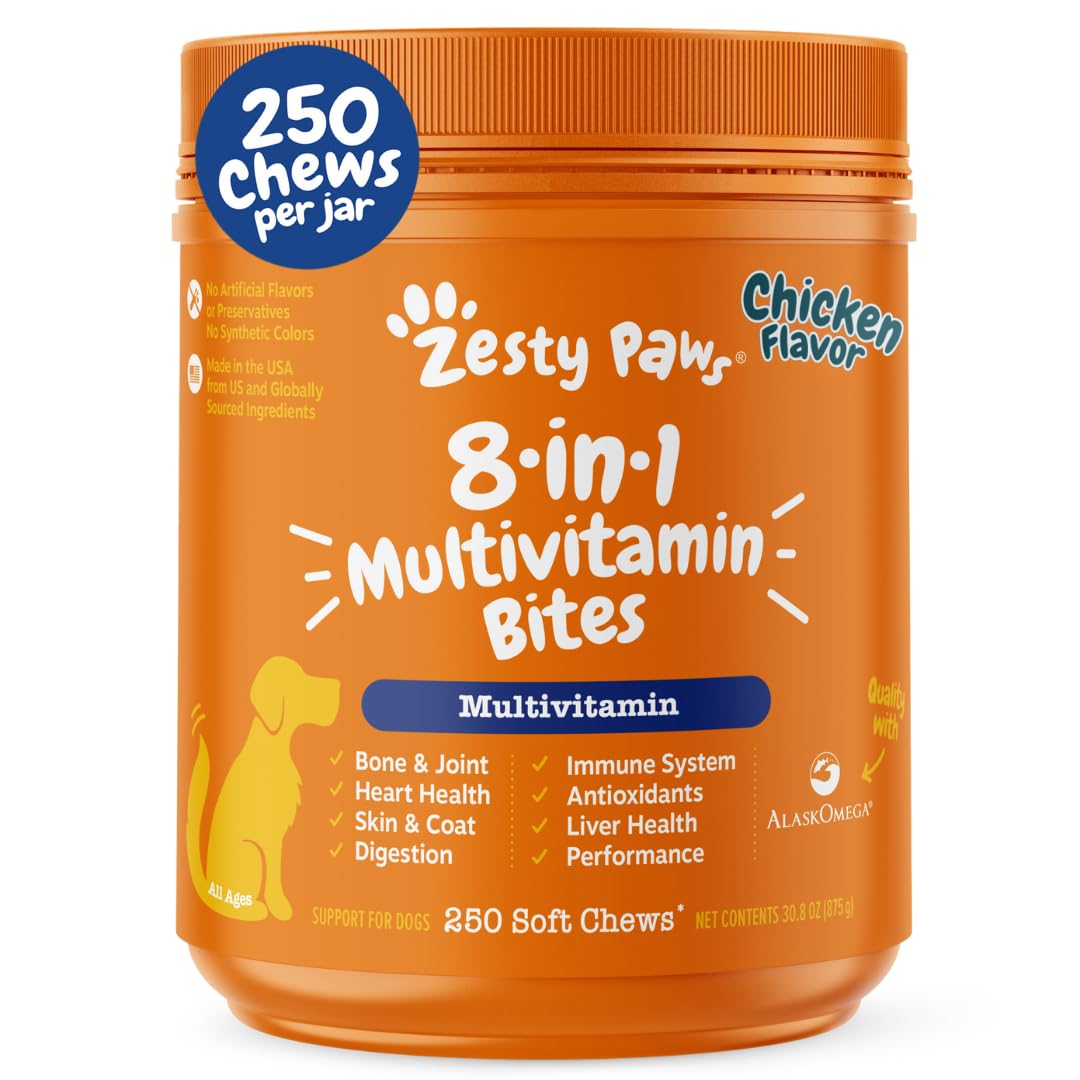 Zesty Paws dog multivitamin bottle highlights senior and puppy joint and immune support.