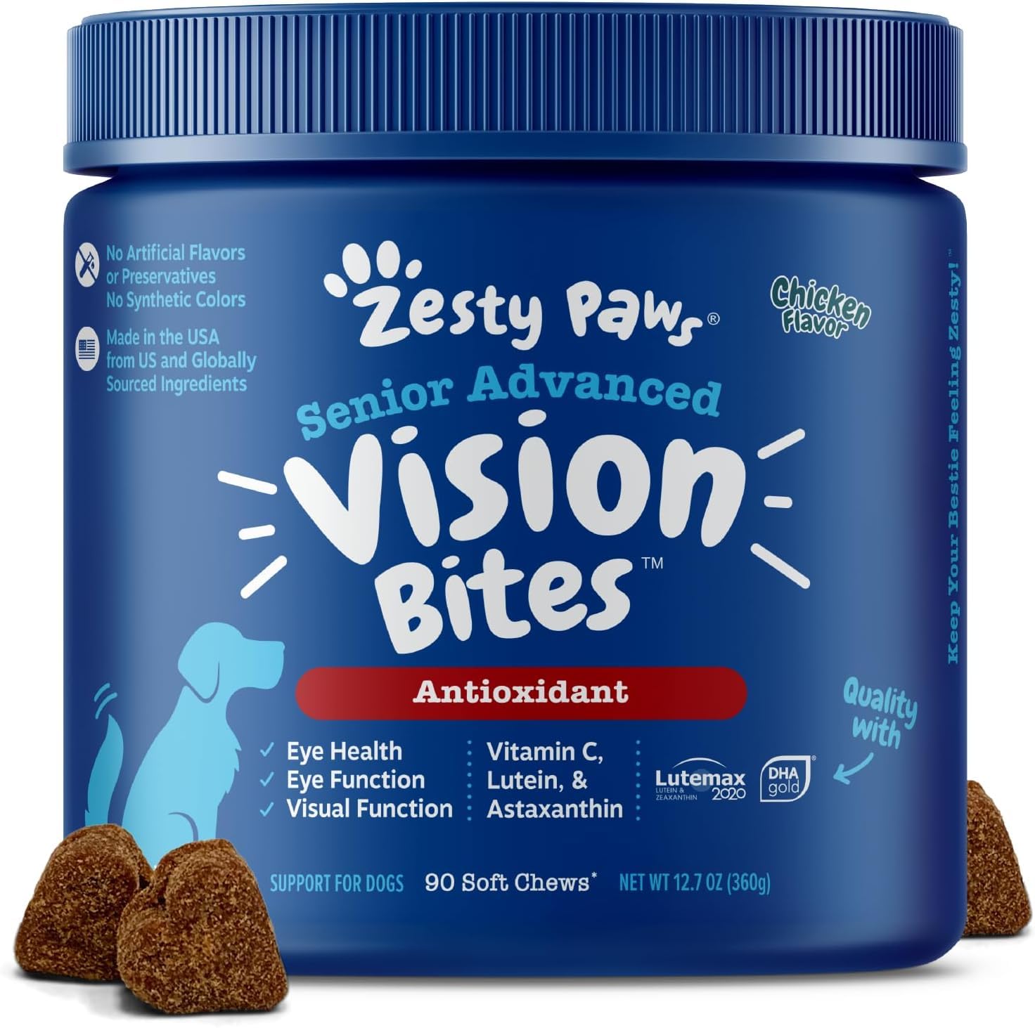 Zesty Paws Eye Supplement bottle front for dogs — may support aging dogs' eye health