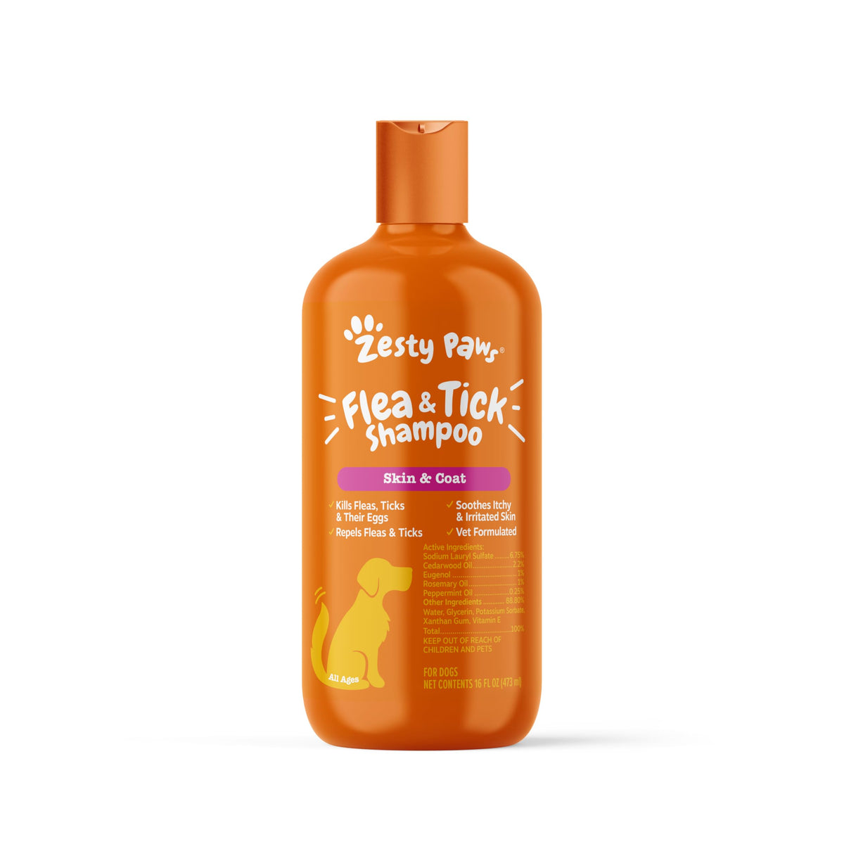 Zesty Paws Flea & Tick Shampoo bottle pour for a dog bath to start flea and tick treatment.