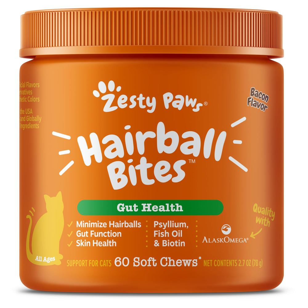 Zesty Paws Hairball Bites bottle for convenient cat hairball support
