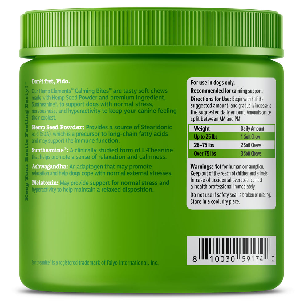 Dog ready for travel with Zesty Paws calming chews to ease car rides.