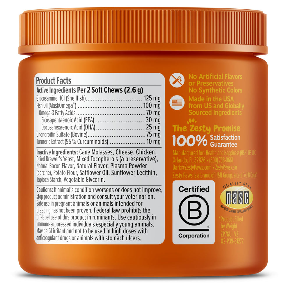 Zesty Paws Hip & Joint Bites AlaskOmega fish oil highlights omega-3 joint benefit.