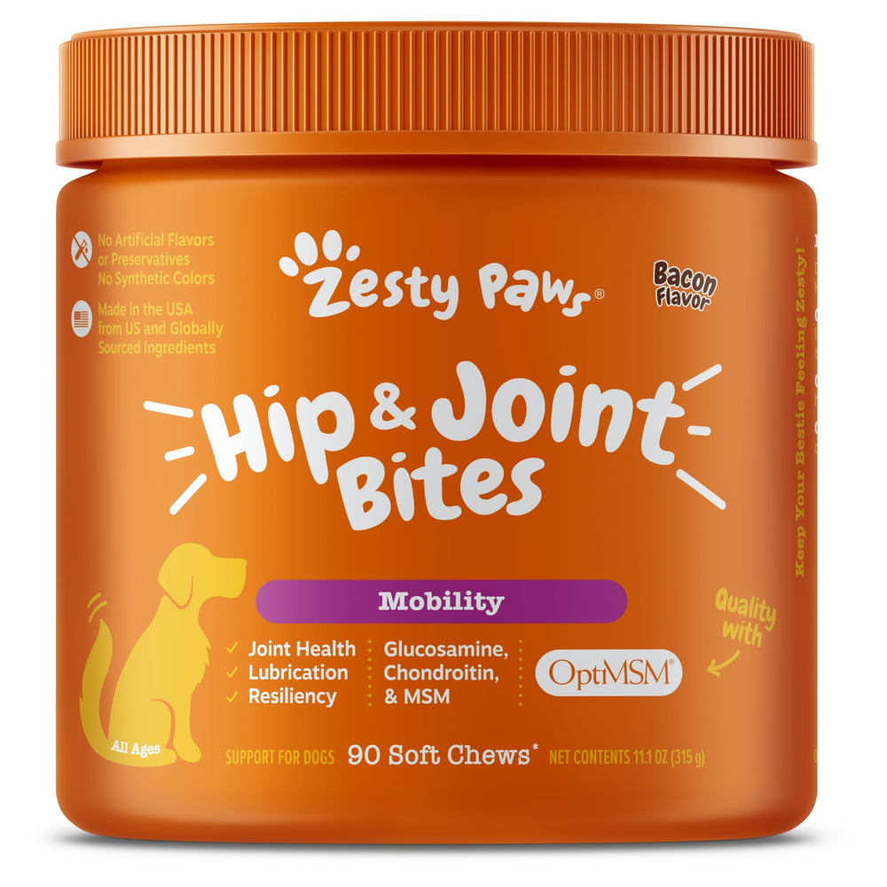 Zesty Paws hip joint chews in bacon bag showing savory flavor for daily joint comfort.