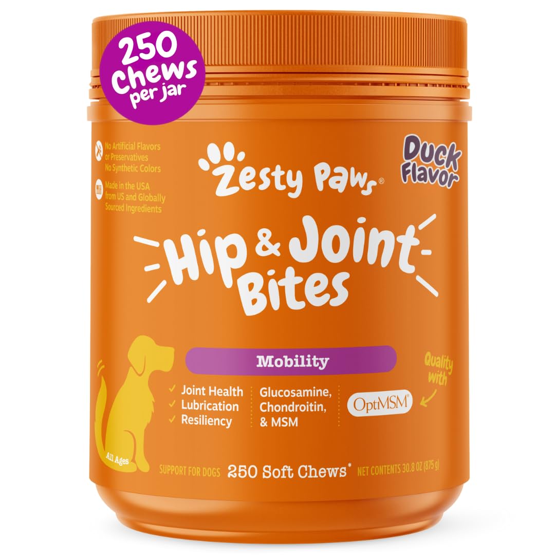 Zesty Paws Hip and Joint duck-chews front view highlights mobility with tasty duck flavor.