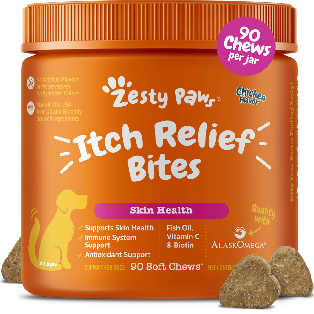 Zesty Paws Itch Relief dog bottle shows omega-3 support for healthy skin.