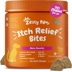 Zesty Paws Itch Relief dog bottle shows omega-3 support for healthy skin.