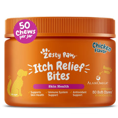 Zesty Paws Itch Relief chews in a bowl for dog anti-itch support.