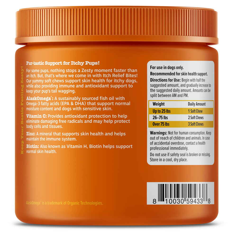 Zesty Paws Itch Relief mealtime shot shows daily supplement routine.