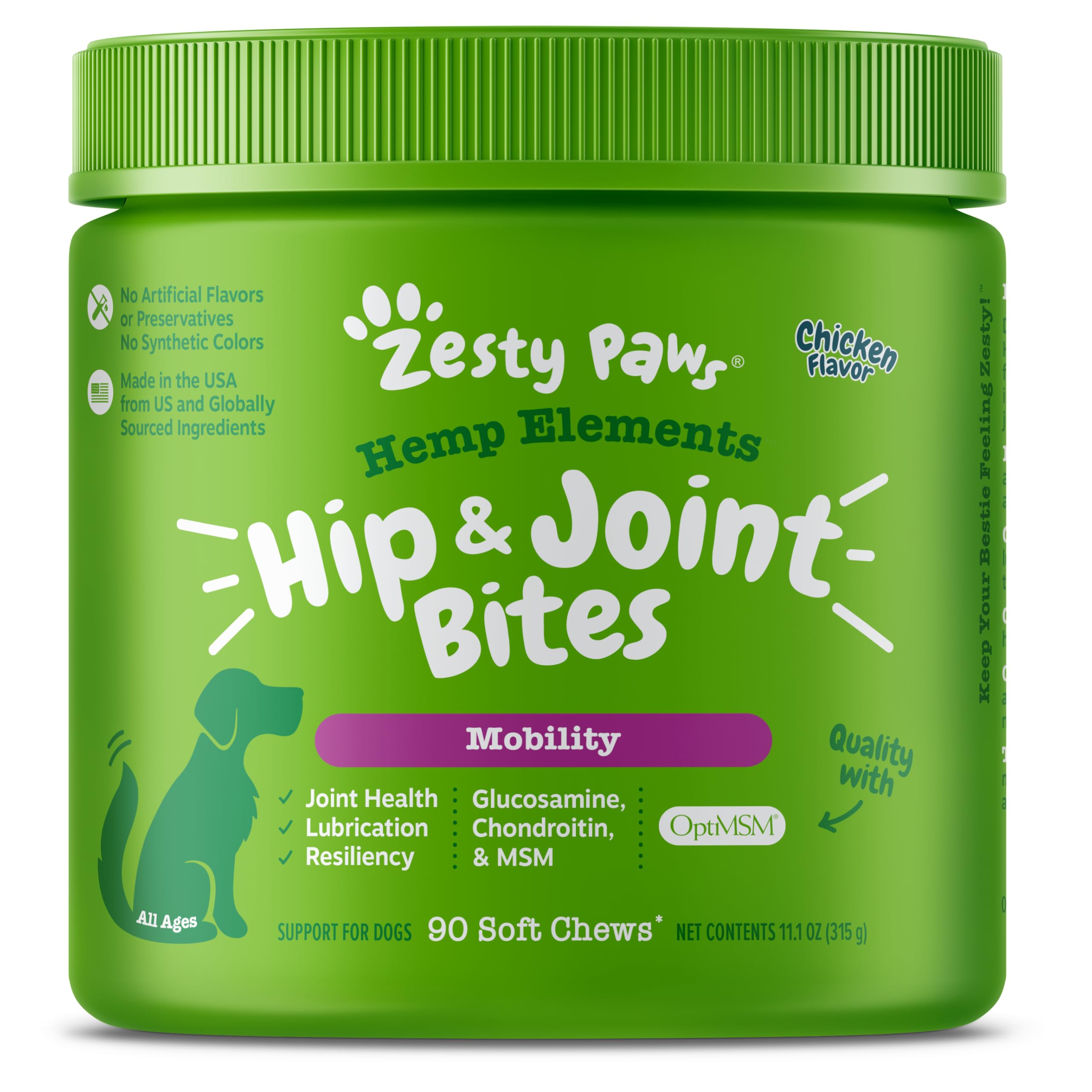 Zesty Paws Mobility Bites bottle side view highlighting joint support.