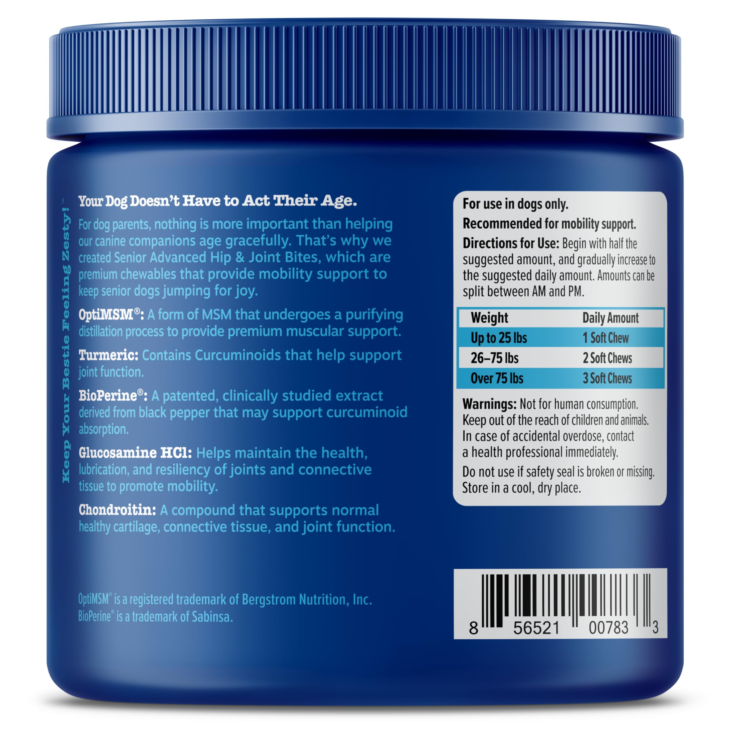 Zesty Paws Mobility Bites hyaluronic acid and vitamins panel for joints