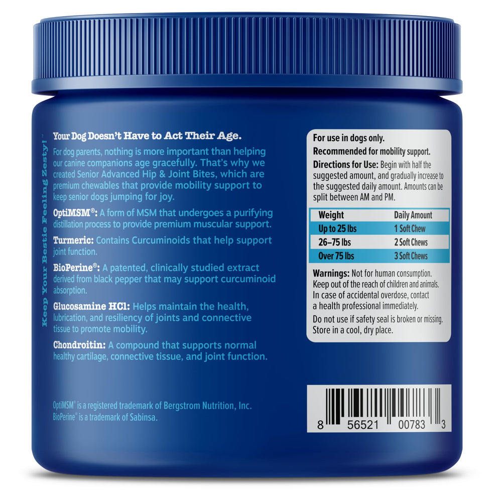 Zesty Paws Mobility Bites hyaluronic acid and vitamins panel for joints