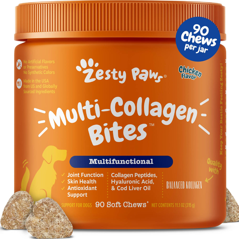 Zesty Paws Multi Collagen chews bottle showing daily joint support potential.