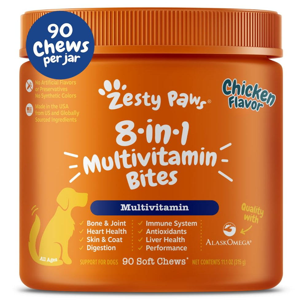 Zesty Paws dog multivitamin packaging highlighting eight benefits for all dogs.