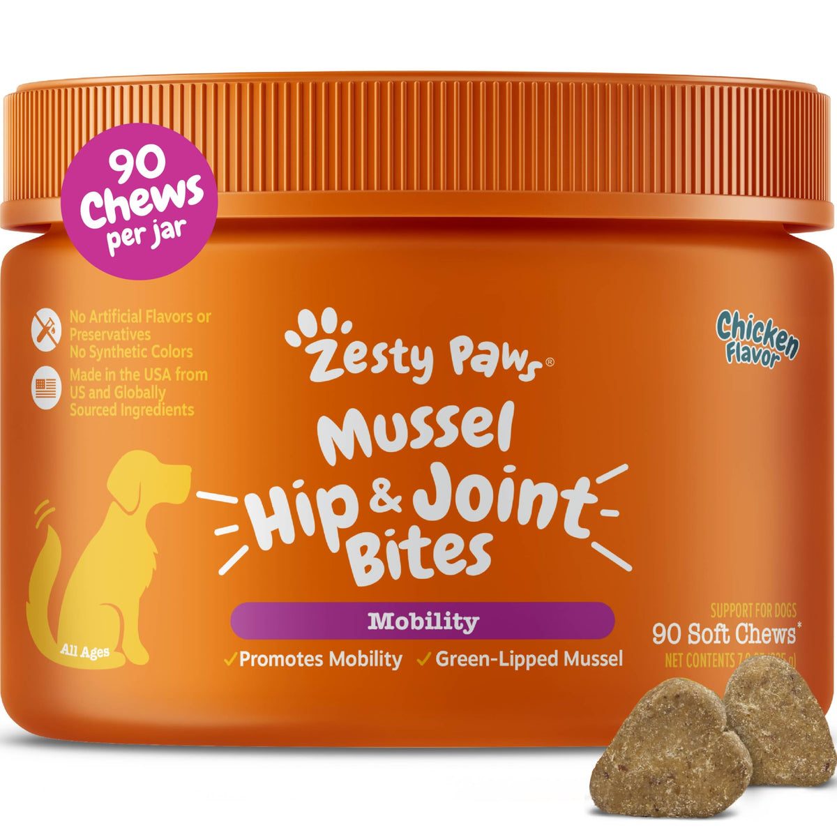 Zesty Paws Mussel Mobility Bites packaging shows hip and joint support features.