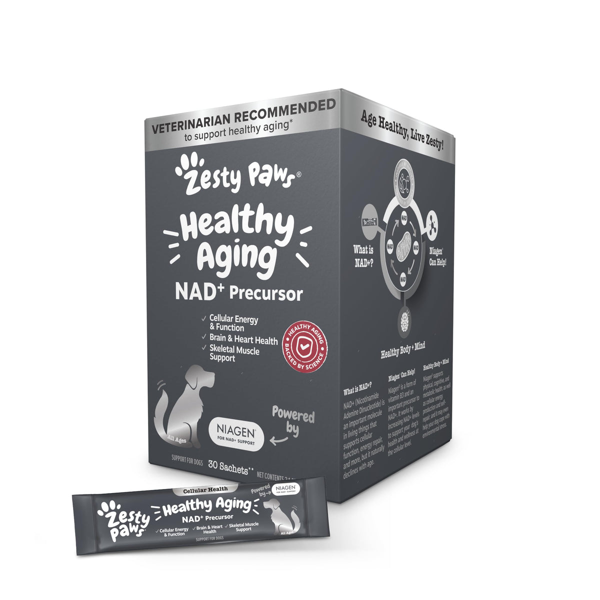 Zesty Paws NAD+ precursor sachets in a box for easy daily dosing