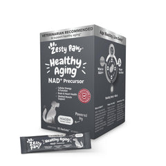 Zesty Paws NAD+ precursor sachets in a box for easy daily dosing