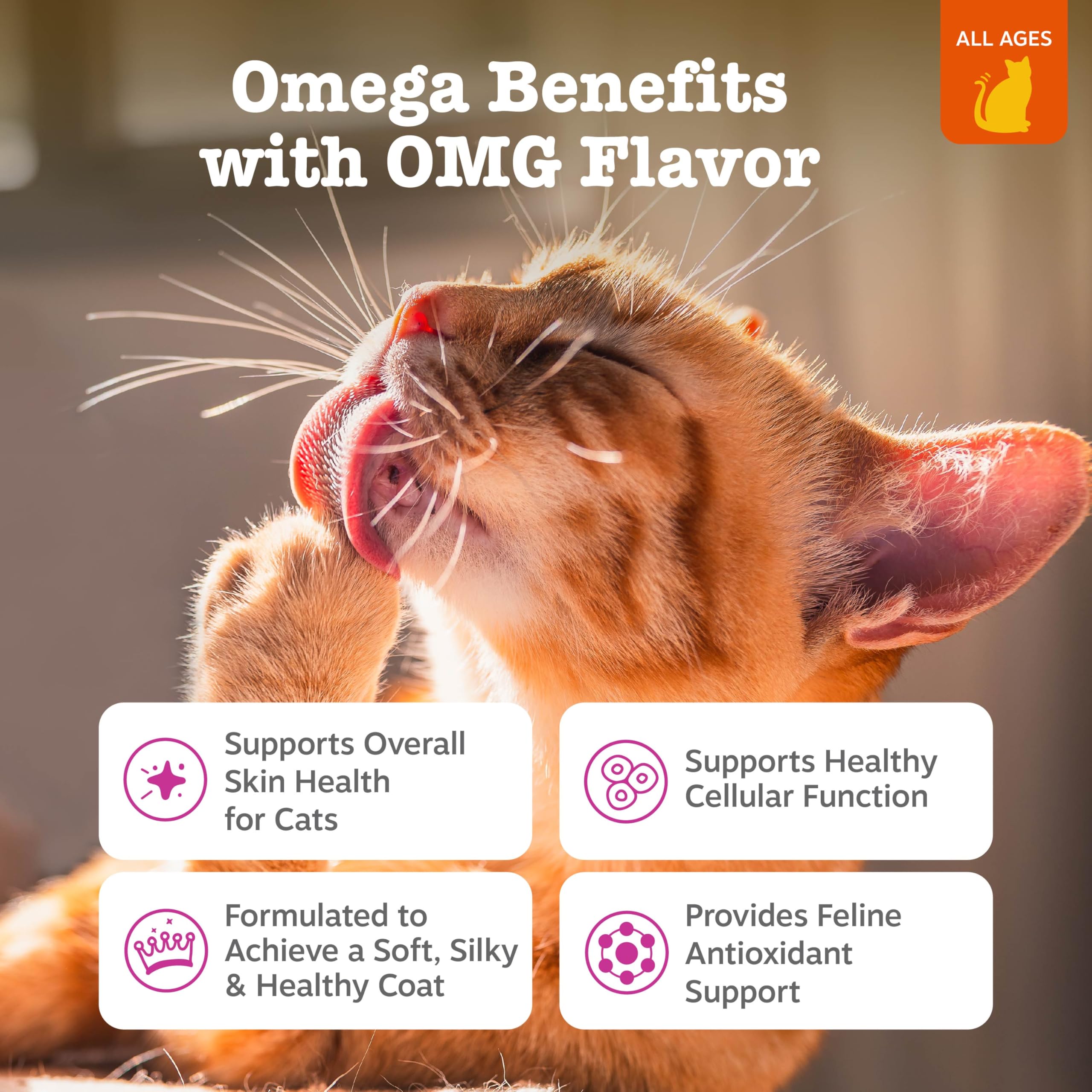 Zesty Paws Omega Cat Mousse seaweed blend label highlighting MEOWMEGA benefits