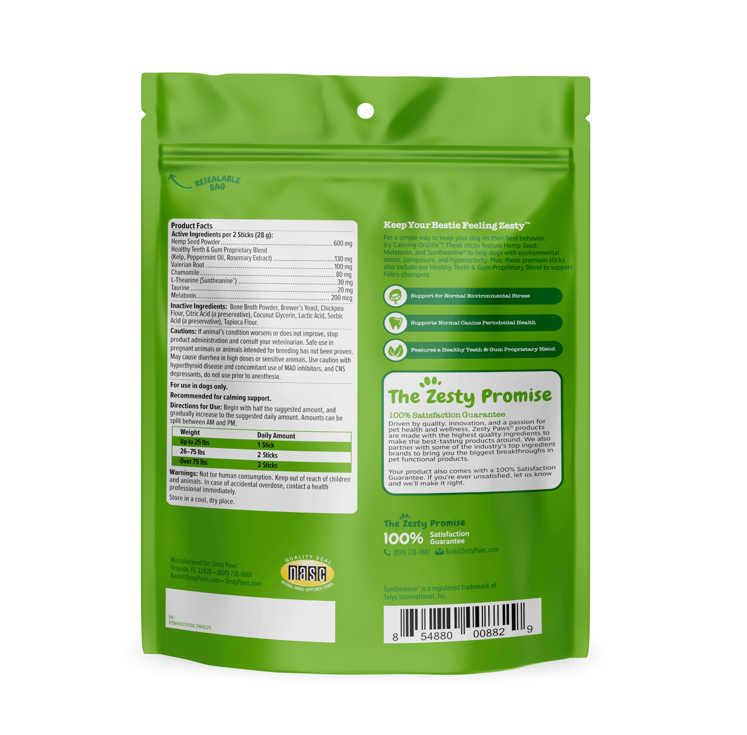 Zesty Paws OraStix Suntheanine and Melatonin mention on label