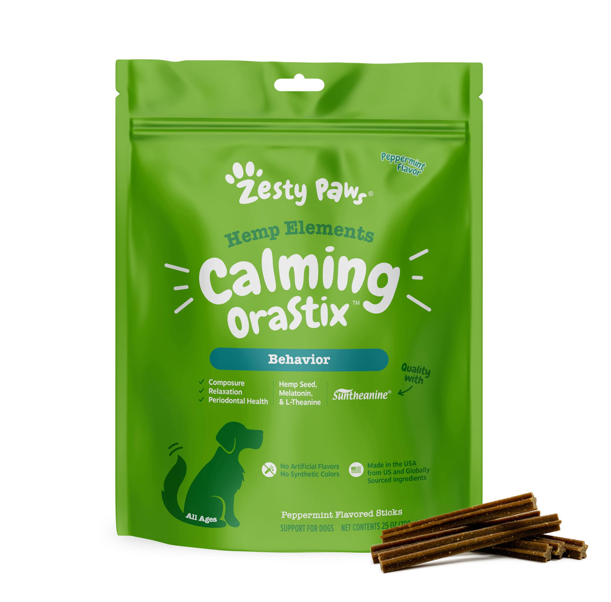 Zesty Paws OraStix package-front for calming dogs during stress events