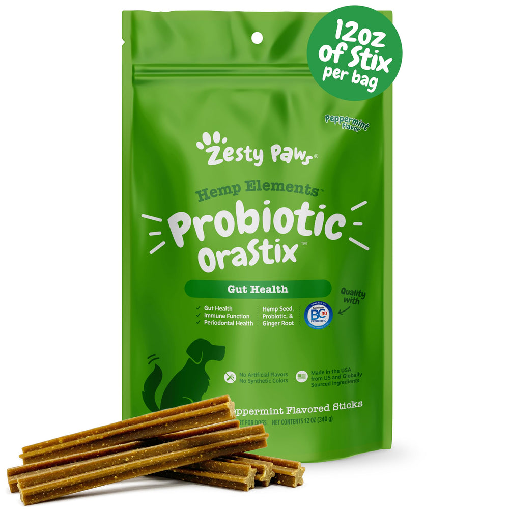 Zesty Paws OraStix packaging front for easy daily dental-immune support.
