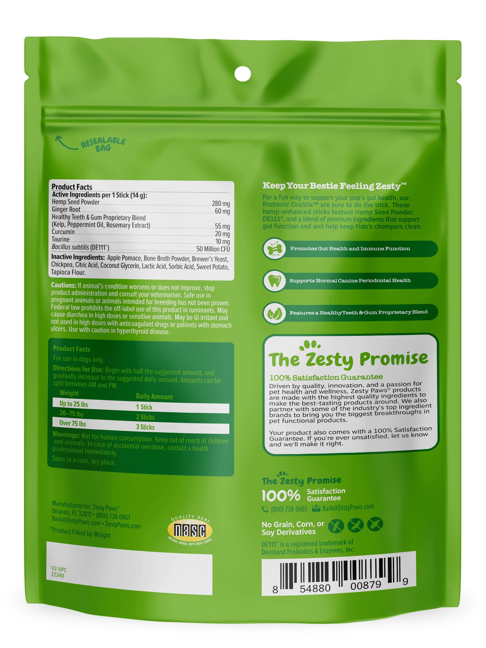 Zesty Paws OraStix peppermint oil rosemary kelp blend on label supports fresh breath