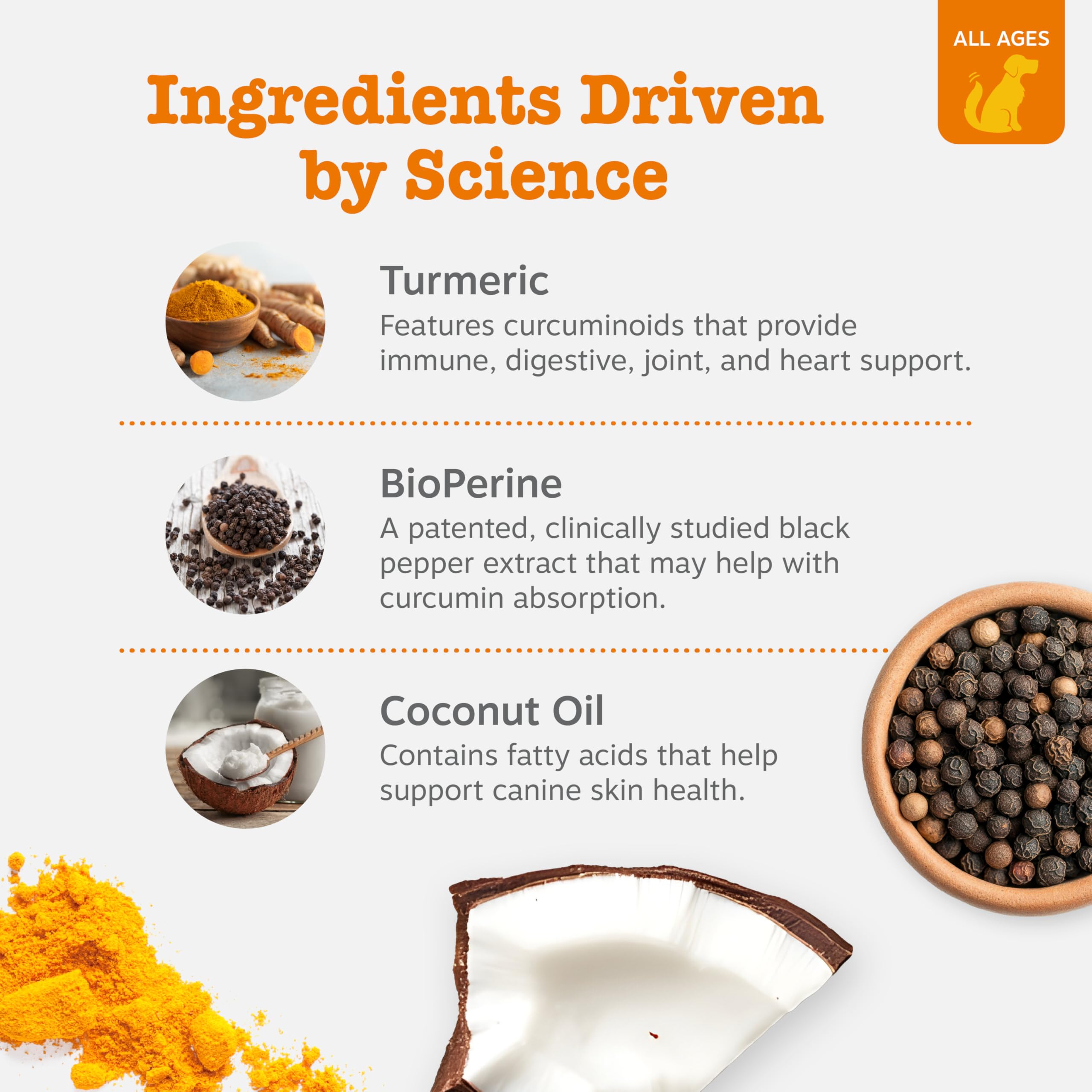 Zesty Paws turmeric-curcumin formula with 95% curcuminoids delivers potent joint and digestive support.