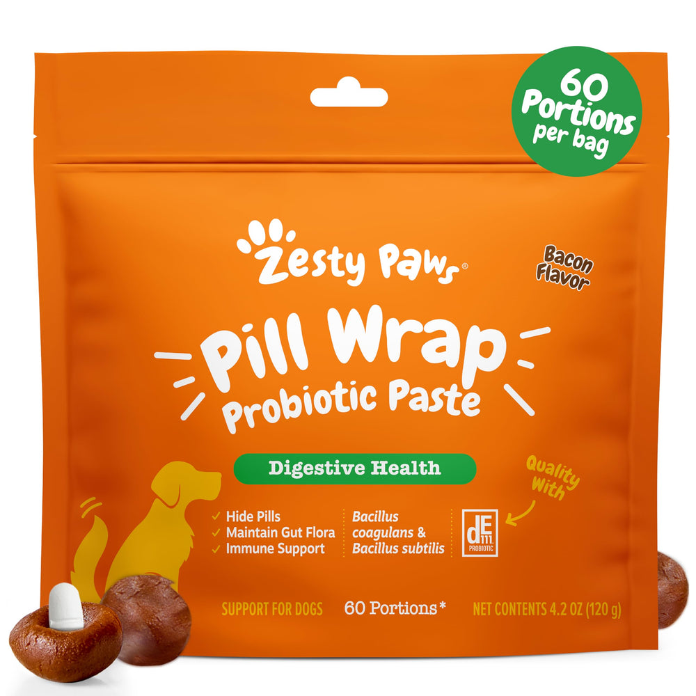 Zesty Paws Pill Wrap Probiotic Paste bacon flavor enables easy pill dosing.